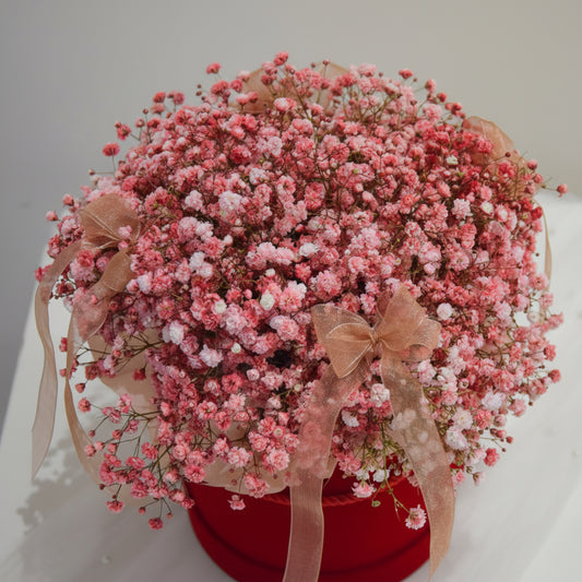 Flower box z czerwoną gipsówką w pudełku – Zielona Przystań. Kwiaciarnia, mobilna kwiaciarnia